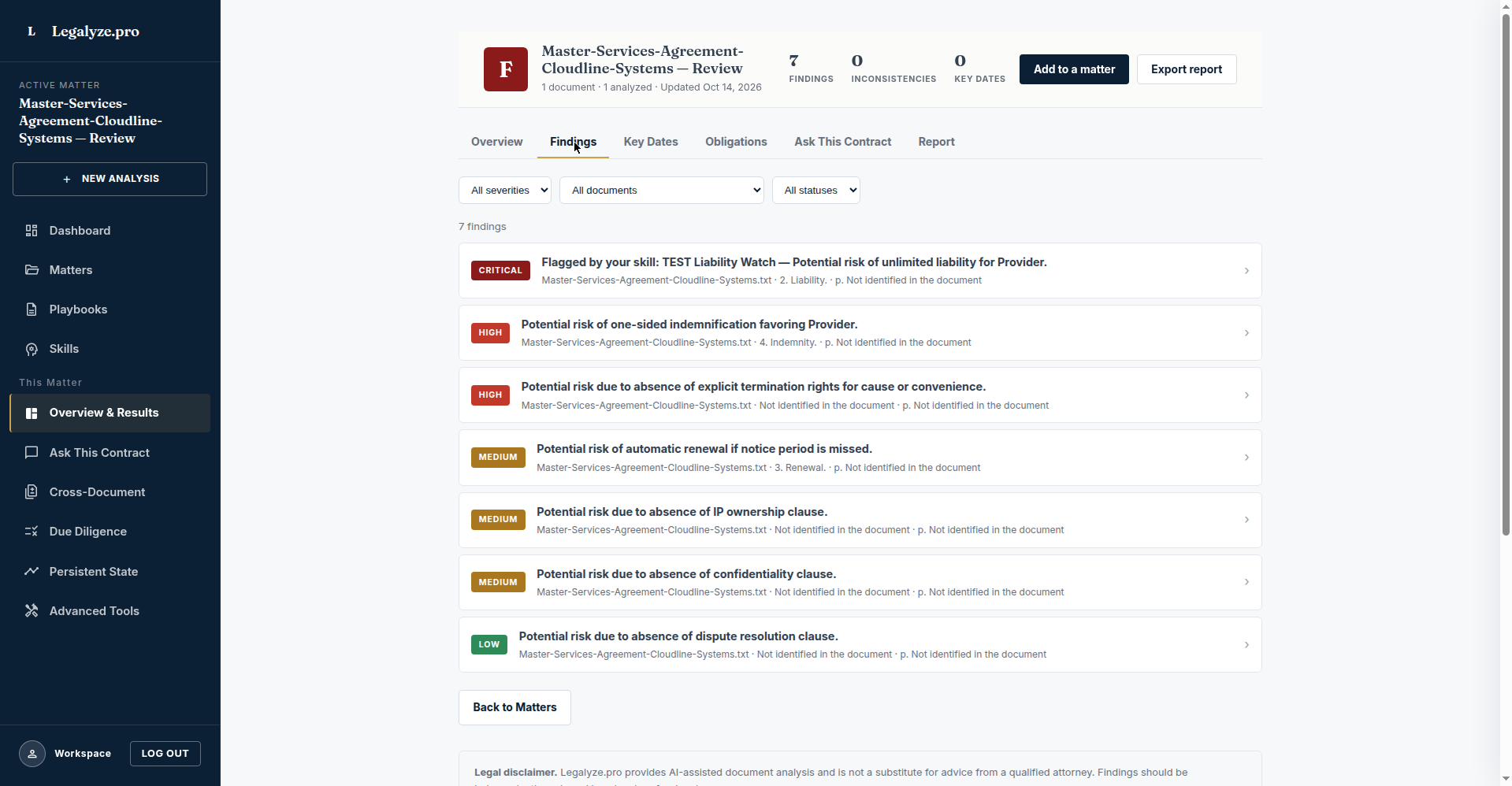 Legalyze.pro — analysis findings with quoted evidence